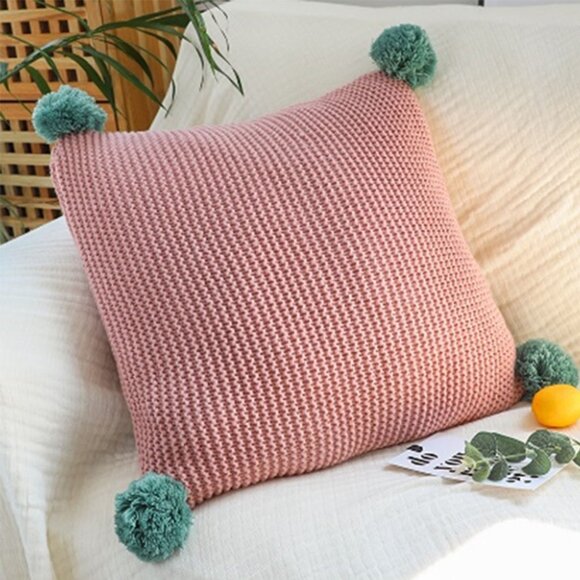 SOGA 2X 45cm Ribbed Knit Pillowcase with Pom-Poms (Dusty Rose) - Picture 1 of 7